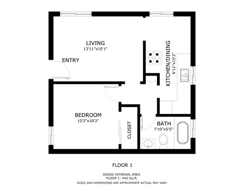 Floor plan for 1 bed, 1 bath